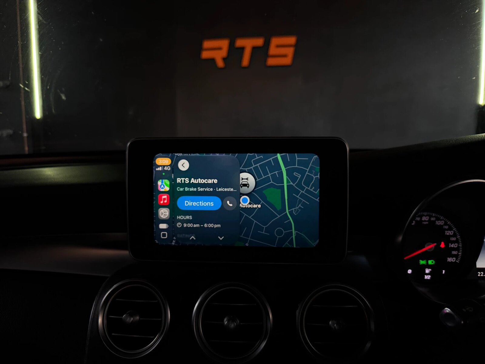 Apple CarPlay running on a Mercedes factory screen after a retrofit at RTS Autocare